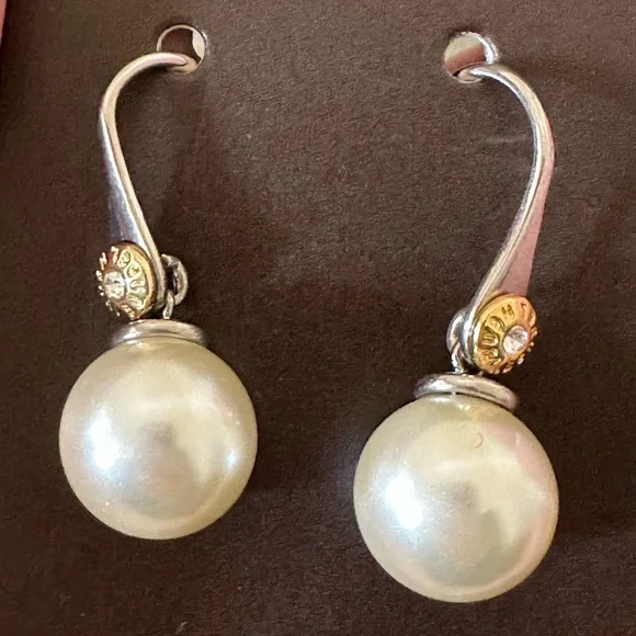 Henri Bendel silver with gold signature drop pearl earrings - Picture 2 of 4